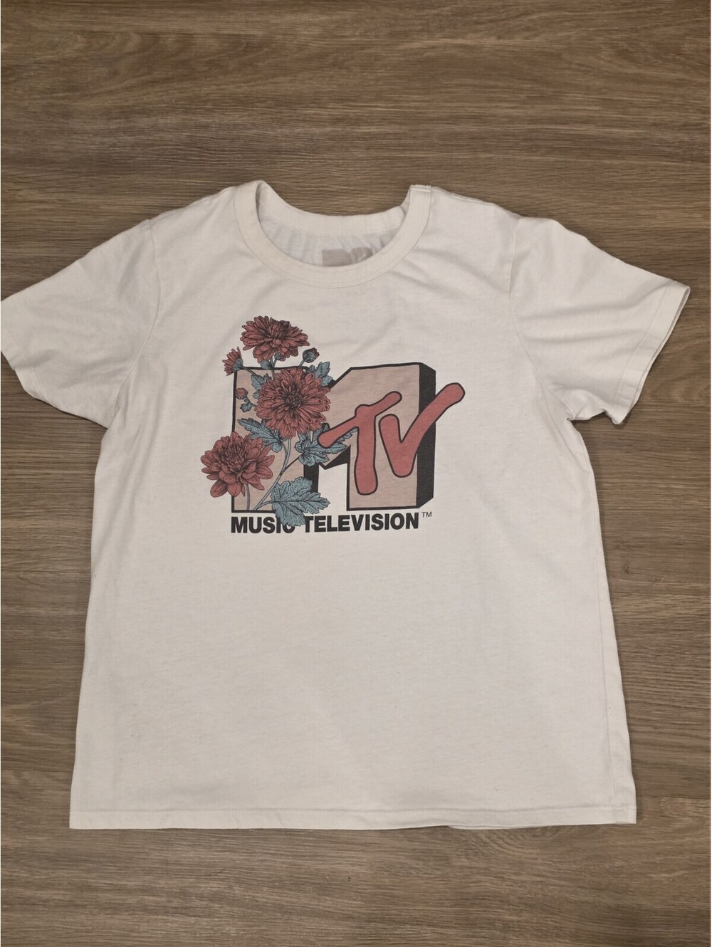 MTV Music Television Floral Print Graphic Tee Off White Cream Shirt M